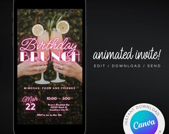 Bubbly Mimosa Geburtstagsbrunch Animierte Einladung: Neon Heckenwand (Canva Digital Download)