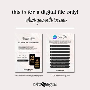 Pode incluir: Um download digital para um modelo de convite de festa de anivers&aacute;rio de 21 anos. A imagem mostra um fundo de m&aacute;rmore rosa e branco com um design preto e dourado. O texto "Obrigado pela sua encomenda!" &eacute; exibido no lado esquerdo da imagem. O lado direito da imagem mostra uma lista de "Dicas profissionais" para usar o Canva para editar o modelo. O texto "brew digital" &eacute; exibido na parte inferior de ambos os lados da imagem.
