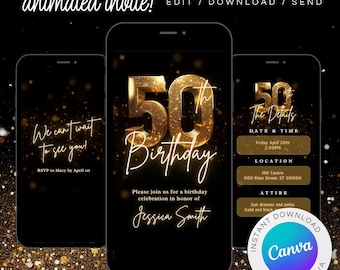May include: A digital invitation for a 50th birthday party. The invitation features a gold number 50 with a sparkling effect, the text "50th Birthday", and the name "Jessica Smith". The invitation also includes details about the date, time, location, and attire for the party.