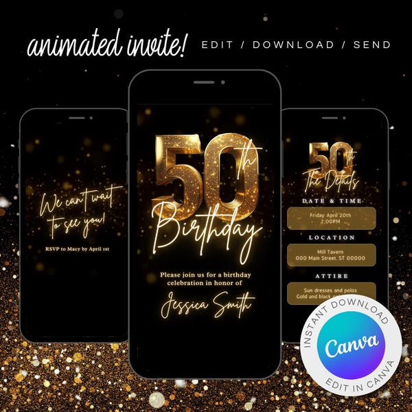 Animated 50th Birthday Invitation: Black & Gold Dinner Party (Digital Download)
