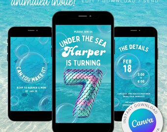 Invitación animada de sirena para séptimo cumpleaños: Invitación móvil bajo el mar (descarga digital)