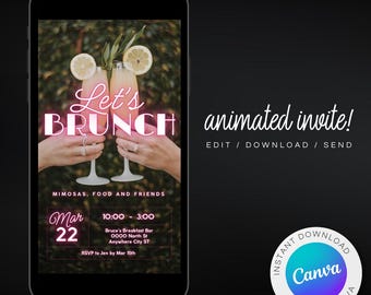 Digitale Brunch-Einladungsvorlage: Sekt-Mimose, Neon-Heckenwand (Canva)