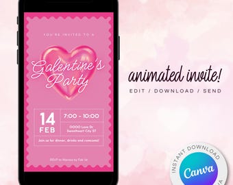 Animierte Galentines Party-Einladung: Weinnacht, rosa Herz (Digitales Template)