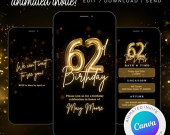 Convite animado para 62º aniversário: Evite jantar preto e dourado (download digital)