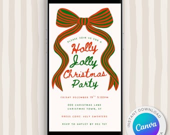 Christmas Party Invitation Template | Vintage Bow, Editable Canva (Digital Download)