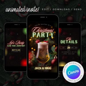 Invitation de fête de Noël numérique Santa Beer | Carte postale électronique à la mode drôle | Invitation vidéo animée pour une soirée |  Modèle DIY modifiable de carte électronique Canva