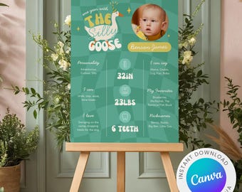 Silly Goose 1e verjaardag mijlpaalbord: Blue Goose feestdecor (18 x 24, 16 x 24 digitale download)