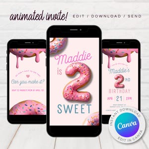 Puede incluir: Una invitación de cumpleaños de temática de donut rosa y blanco para una niña que cumple dos años. La invitación presenta un número dos en forma de donut rosa con chispas de colores, el texto "Maddie is 2 Sweet" y la fecha y hora de la fiesta. La invitación está diseñada para ser editada en Canva.