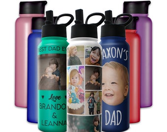 Personalized Father's Day Water Bottles | Custom Photo | Large 34oz Bottles with 7 Color Options | Custom Gift for Dad