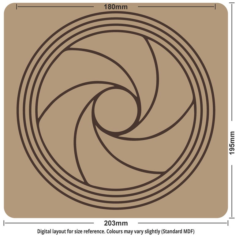 May include: A square, tan-colored wooden cutout featuring a brown, stylized aperture design. The cutout measures 203mm x 195mm, with the aperture design taking up most of the space. The text at the bottom reads: Digital layout for size reference. Colours may vary slightly (Standard MDF).