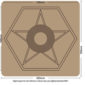 May include: A tan-colored, hexagonal design with a star and circular pattern in the center. The dimensions are 190mm x 165mm x 195mm x 203mm. The text at the bottom reads: Digital layout for size reference. Colours may vary slightly (Standard MDF).