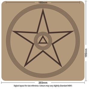 May include: A brown square with a dark brown pentagram inside a circle, with a triangle at the center. The dimensions are 7.99 inches by 7.68 inches, with a thickness of 0.71 inches. The text at the bottom says "Digital layout for size reference."