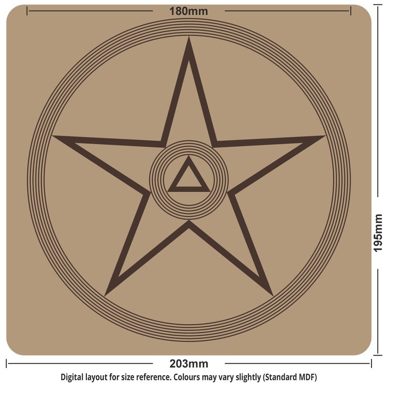 May include: A brown square with a dark brown pentagram inside a circle, with a triangle at the center. The dimensions are 7.99 inches by 7.68 inches, with a thickness of 0.71 inches. The text at the bottom says "Digital layout for size reference."