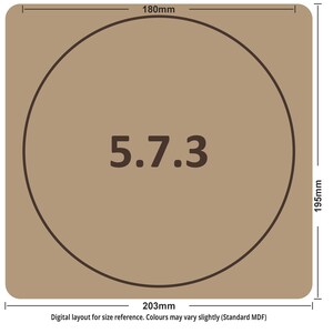 May include: A tan square with rounded corners features a brown circular design. The number "5.7.3" is in the center. The dimensions are 203mm x 195mm, with a circular design of 180mm. Text at the bottom reads "Digital layout for size reference."