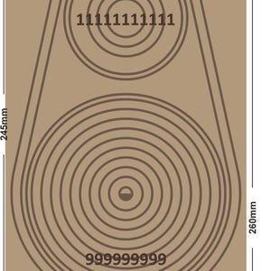 May include: A rectangular, tan-colored MDF board with brown concentric circles and text. The board is 153mm wide and 245mm high, with a larger circle at the bottom and a smaller one at the top. The text includes numbers and the dimensions of the board.