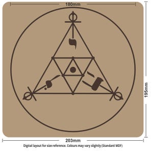 May include: A brown square MDF board with a dark brown geometric design inside a circle. The design includes triangles, dots, and symbols. The board measures 203mm x 195mm, with the design circle at 180mm.