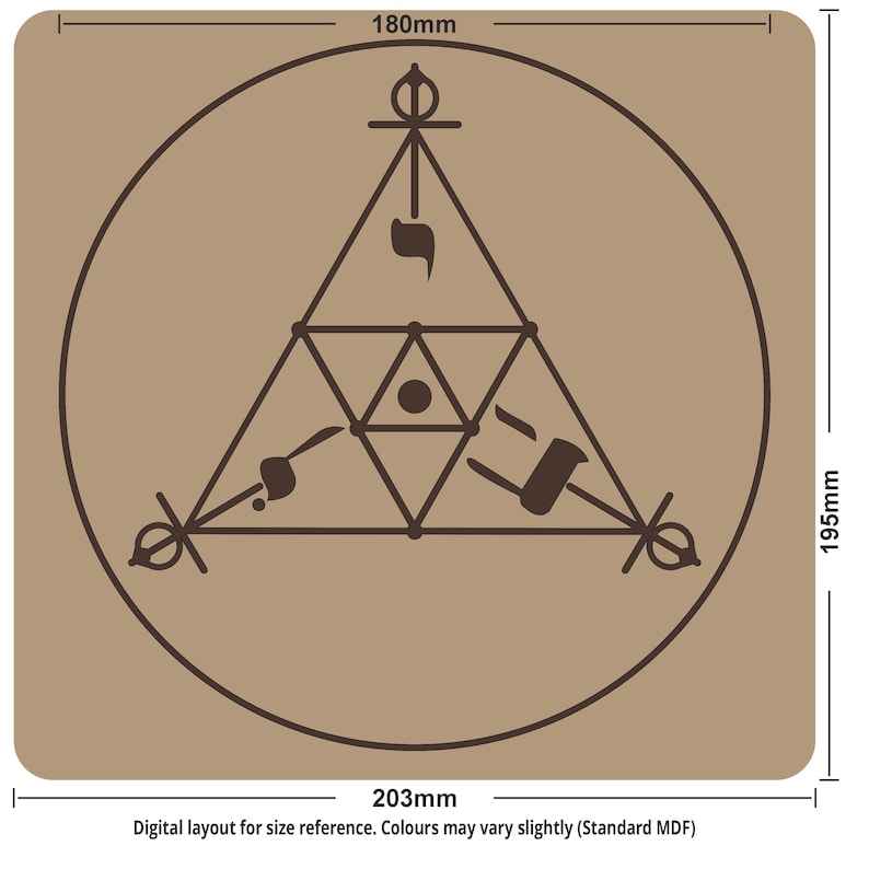 May include: A brown square MDF board with a dark brown geometric design inside a circle. The design includes triangles, dots, and symbols. The board measures 203mm x 195mm, with the design circle at 180mm.