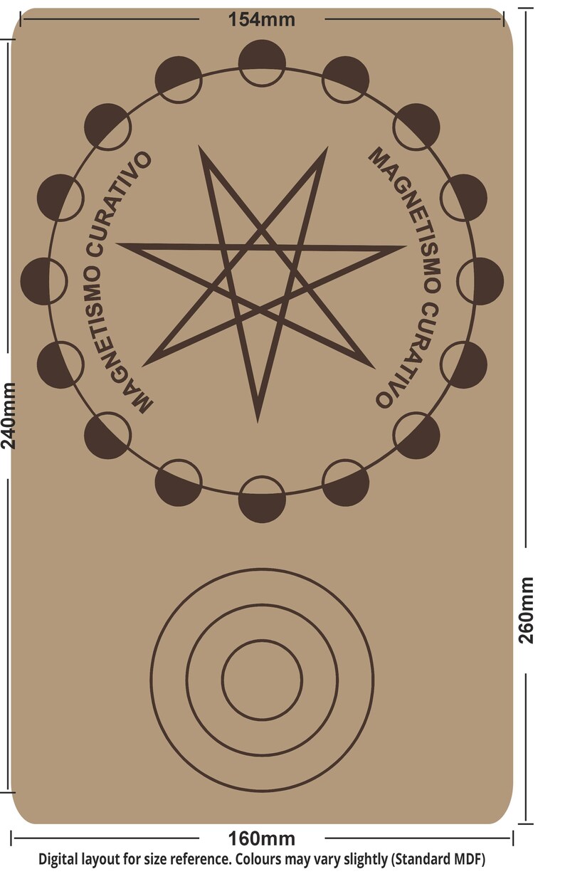 May include: A rectangular, tan-colored wooden board with a circular design featuring the text "MAGNETISMO CURATIVO". The board measures 154mm x 240mm x 160mm and includes a star and moon-like shapes.
