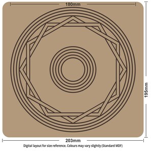 May include: A square, tan-colored decorative item with a geometric design. The item features a central circular pattern surrounded by an octagonal shape and concentric circles. Dimensions are 7.99 inches wide by 7.68 inches high.