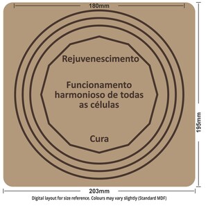 May include: A square, tan-colored wooden plaque with a series of concentric brown circles and a central, multi-sided shape. The plaque measures 203mm x 195mm, with a central design that includes the Portuguese words "Rejuvenescimento", "Funcionamento harmonioso de todas as c&eacute;lulas", and "Cura".