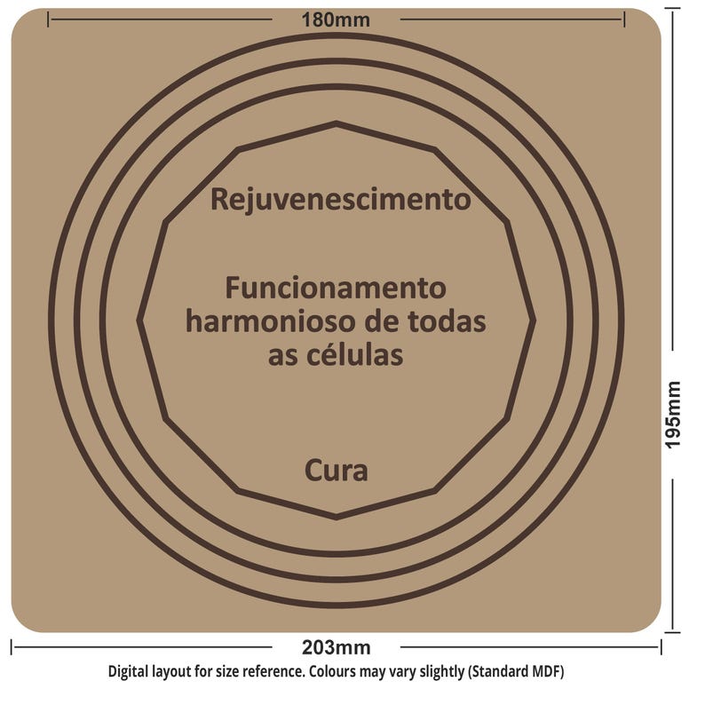May include: A square, tan-colored wooden plaque with a series of concentric brown circles and a central, multi-sided shape. The plaque measures 203mm x 195mm, with a central design that includes the Portuguese words "Rejuvenescimento", "Funcionamento harmonioso de todas as c&eacute;lulas", and "Cura".