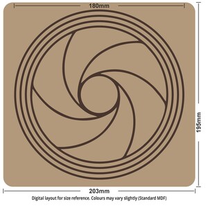 May include: A brown, square-shaped design with rounded corners. It features a circular, stylized aperture design in a darker brown. The dimensions are 203mm x 195mm, with the aperture design measuring 180mm. Text at the bottom reads: Digital layout for size reference.