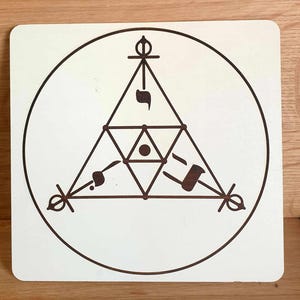 May include: A square, off-white wooden plaque featuring a brown geometric design. The design includes a circle, a triangle, and various symbols. The plaque has rounded corners and is set against a wooden surface.