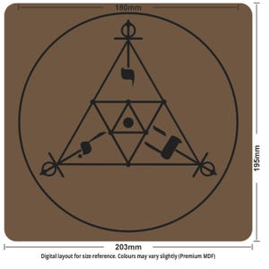 May include: A brown square with rounded corners featuring a black geometric design inside a circle. The design includes a triangle with interconnected shapes and symbols. The dimensions are 203mm x 195mm, with a circular design of 180mm.
