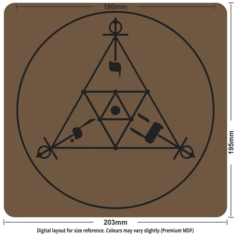 May include: A brown square with rounded corners featuring a black geometric design inside a circle. The design includes a triangle with interconnected shapes and symbols. The dimensions are 203mm x 195mm, with a circular design of 180mm.