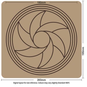 May include: A brown, square-shaped wooden item with a circular design in the center. The design features curved lines and a central opening, resembling a camera aperture. The item measures 203mm x 195mm, with the circular design at 180mm. Text at the bottom reads: Digital layout for size reference.