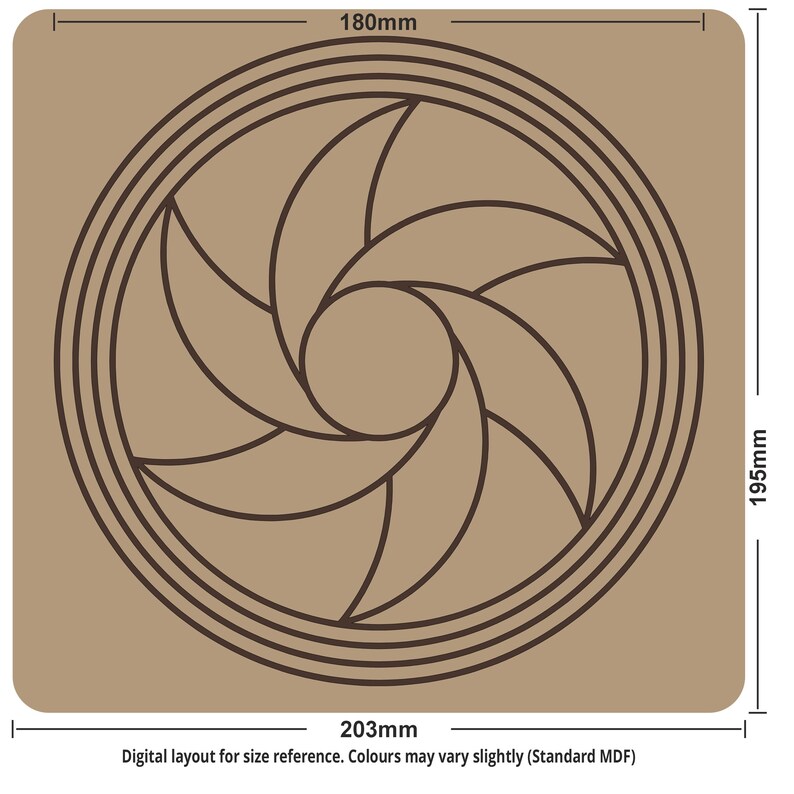 May include: A brown, square-shaped wooden item with a circular design in the center. The design features curved lines and a central opening, resembling a camera aperture. The item measures 203mm x 195mm, with the circular design at 180mm. Text at the bottom reads: Digital layout for size reference.