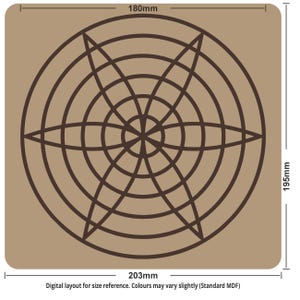 May include: A square, tan-colored wooden panel with a brown geometric design. The design features concentric circles and intersecting lines, with dimensions of 203mm x 195mm (8 x 7.7 inches). The text at the bottom reads: Digital layout for size reference.