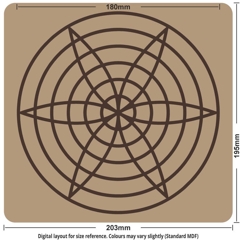 May include: A square, tan-colored wooden panel with a brown geometric design. The design features concentric circles and intersecting lines, with dimensions of 203mm x 195mm (8 x 7.7 inches). The text at the bottom reads: Digital layout for size reference.