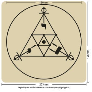 May include: A beige square with rounded corners featuring a black geometric design inside a circle. The design includes a triangle with symbols and lines. The dimensions are 203mm x 195mm, with a circular design of 180mm. The text at the bottom says "Digital layout for size reference."