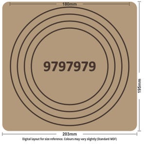 May include: A square, tan-colored item with concentric brown circles and the number "9797979" in the center. The item measures 203mm x 195mm, with a circular area of 180mm. Text at the bottom reads "Digital layout for size reference."