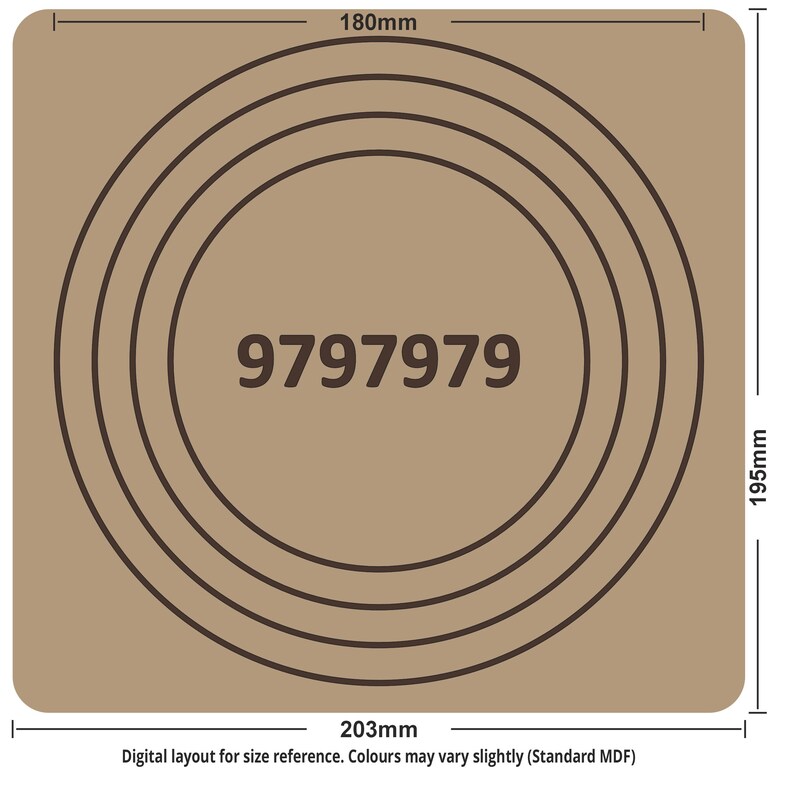 May include: A square, tan-colored item with concentric brown circles and the number "9797979" in the center. The item measures 203mm x 195mm, with a circular area of 180mm. Text at the bottom reads "Digital layout for size reference."