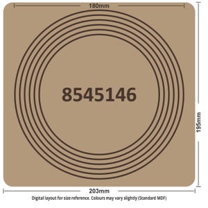 May include: A square, tan-colored MDF board with a series of concentric brown circles. The number "8545146" is in the center. The board measures 7.99 inches wide, 7.68 inches high, and 7.09 inches deep. Text at the bottom reads "Digital layout for size reference."