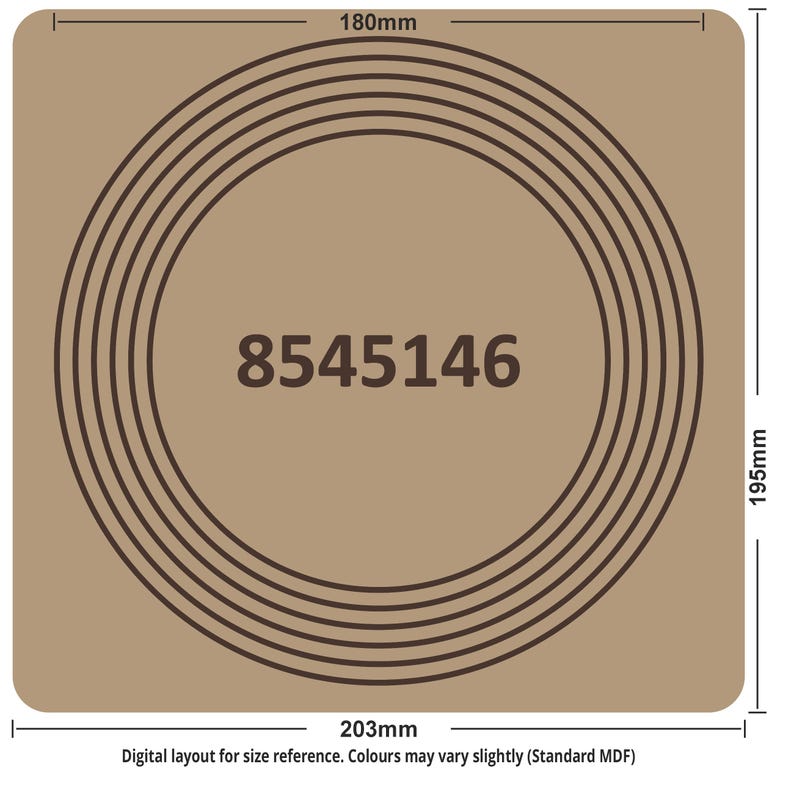 May include: A square, tan-colored MDF board with a series of concentric brown circles. The number "8545146" is in the center. The board measures 7.99 inches wide, 7.68 inches high, and 7.09 inches deep. Text at the bottom reads "Digital layout for size reference."