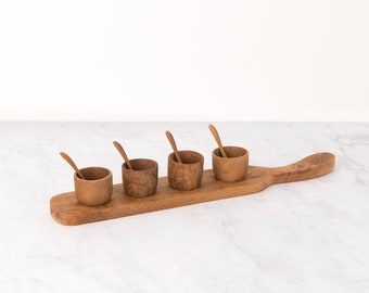 Teak Condiment Bowl, Spoon, and Serving Tray Set