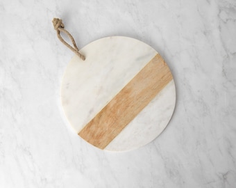 Marble and Wood Round Serving Tray