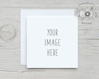 Square Card Mockup with White Envelope, Square Invitation Mock Up for Rustic Wedding, Lifestyle Stock Photo Jpeg Template