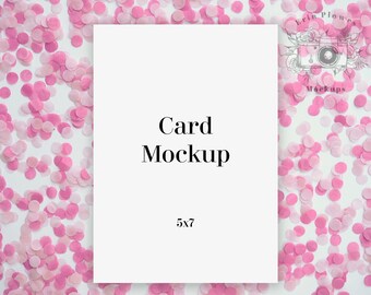 Valentine's Day Card Mockup, 5x7 Card Mock-up, Invitation Mock Up with Pink Confetti, Instant Digital Download Jpeg Template