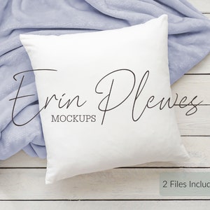 Pillow Mockup, Square pillow mockup with blue blanket for lifestyle stock photo, White pillow mock up, Jpeg Digital Download