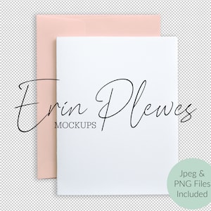 May include: A white card mockup with a pink envelope behind it. The card has the text "Erin Plewes Mockups" printed on it. The text "Jpeg & PNG Files Included" is printed on a green circle in the lower right corner of the image.