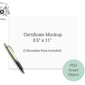 Maqueta de papel tamaño carta 8.5 x 11, maqueta de certificado sobre fondo blanco, maqueta de objeto inteligente PSD de lápiz movible, descarga digital instantánea
