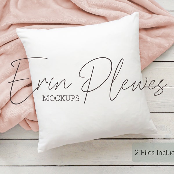 Pillow Mock Up, White pillow mockup with pink blanket for lifestyle stock photo, Square pillow mock-up, Jpeg Digital Download