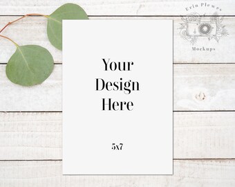 5x7 Card Mockup, Greeting Card Mockup for Rustic Wedding Invite, Card Flat Lay with Eucalyptus, Jpeg instant Digital Download Template