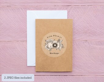 Kraft Card Mockup, Greeting Card Mock Up with White Envelope on Pink Background, Thank You Card Flat Lay, Jpeg Instant Digital Download