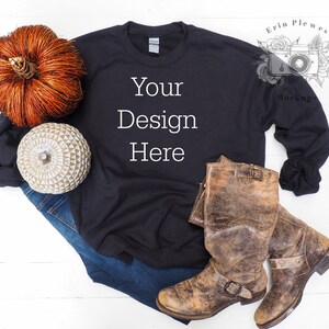 Sweatshirt Mockup, Gildan Sweatshirt mockup with rustic boots and fall pumpkins, Autumn styled flat lay mock-up JPEG