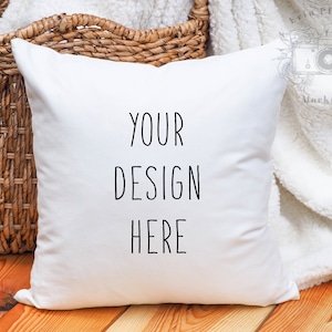 Pillow Mockup, Square pillow mockup with rustic wood background for lifestyle stock photography, White pillow mock up jpeg digital download